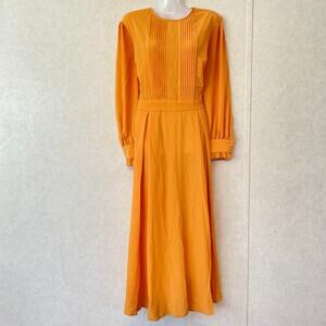 Vintage Style Long Sleeve Round Neck Pleated Front Long Dress, Mustard Yellow, L